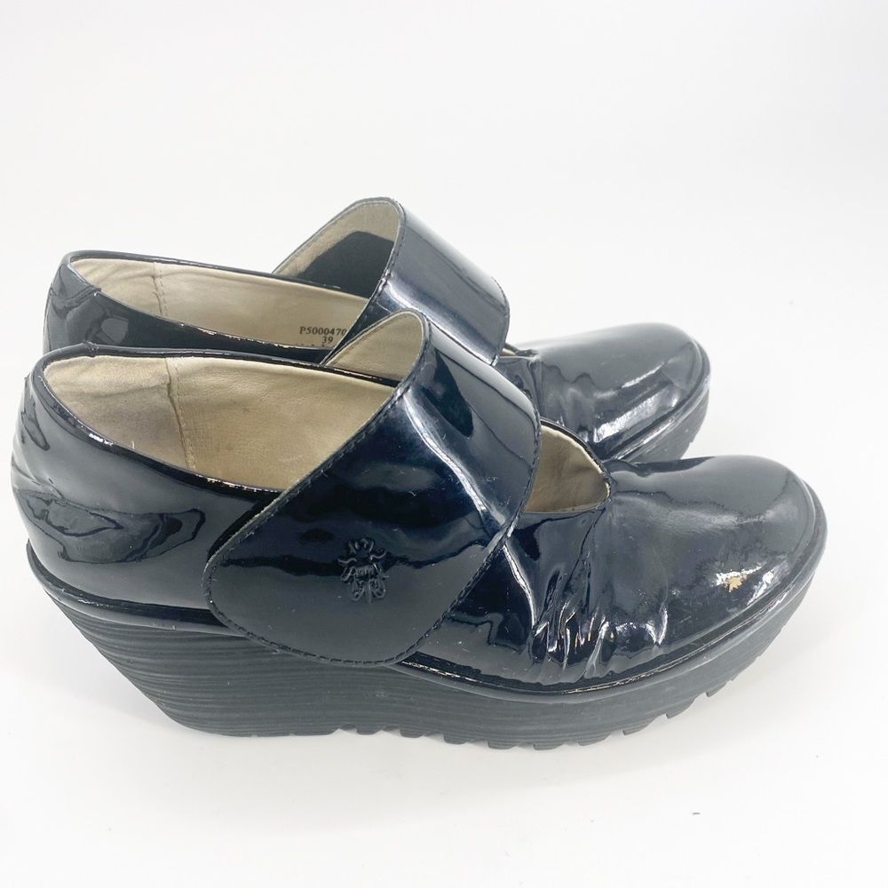 Fly London Yan Black Patent Leather Mary Jane Wedge 39/8